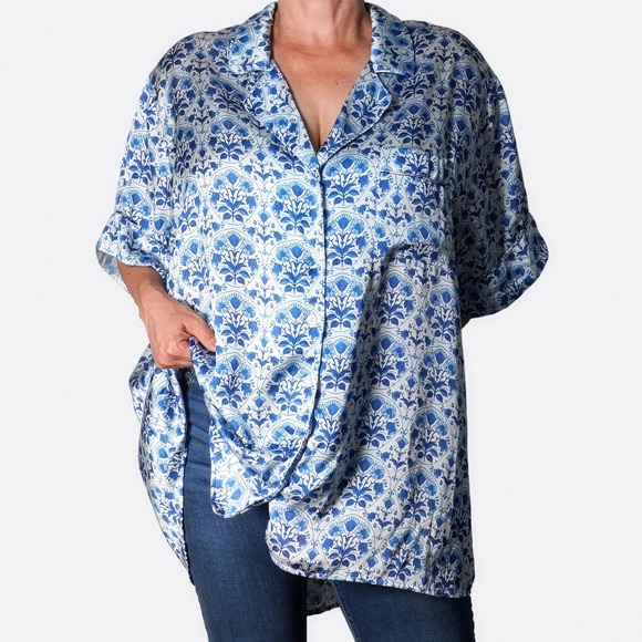 Show Me Your MuMu Tops - Show Me Your Mumu Satin Button Up Top Plus 3X 22 24 Floral Blue White Blouse
